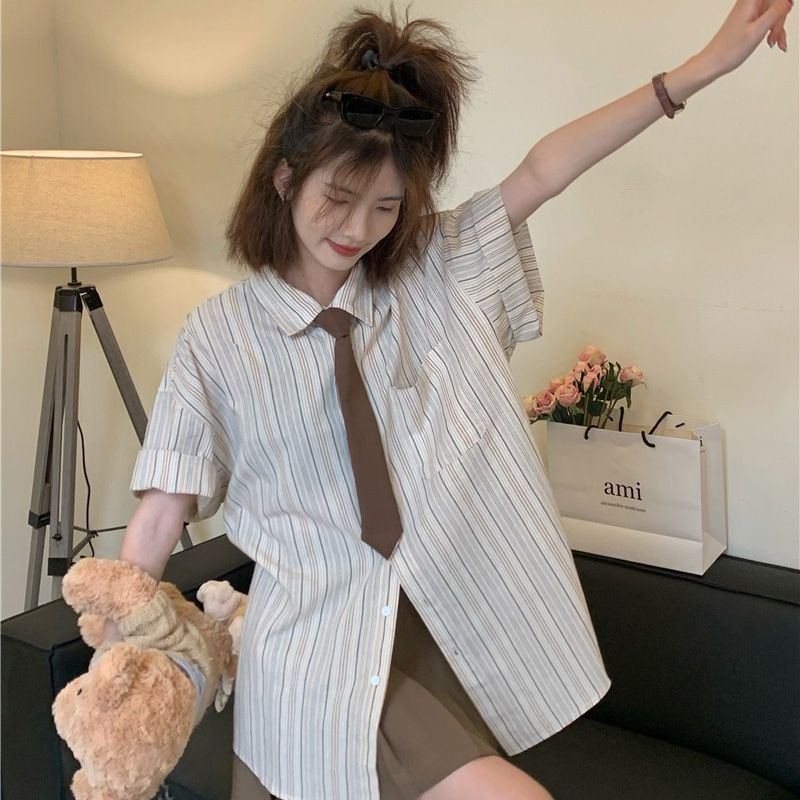 条纹短袖显瘦夏季衬衫复古polo领