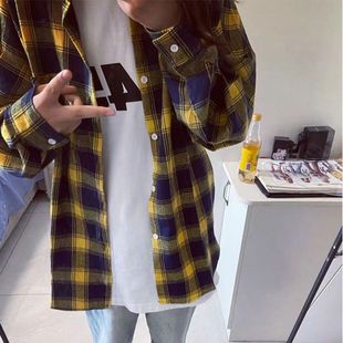 黄色格子衬衫女春秋韩版宽松外套休闲情侣装翻领上衣ins潮休闲