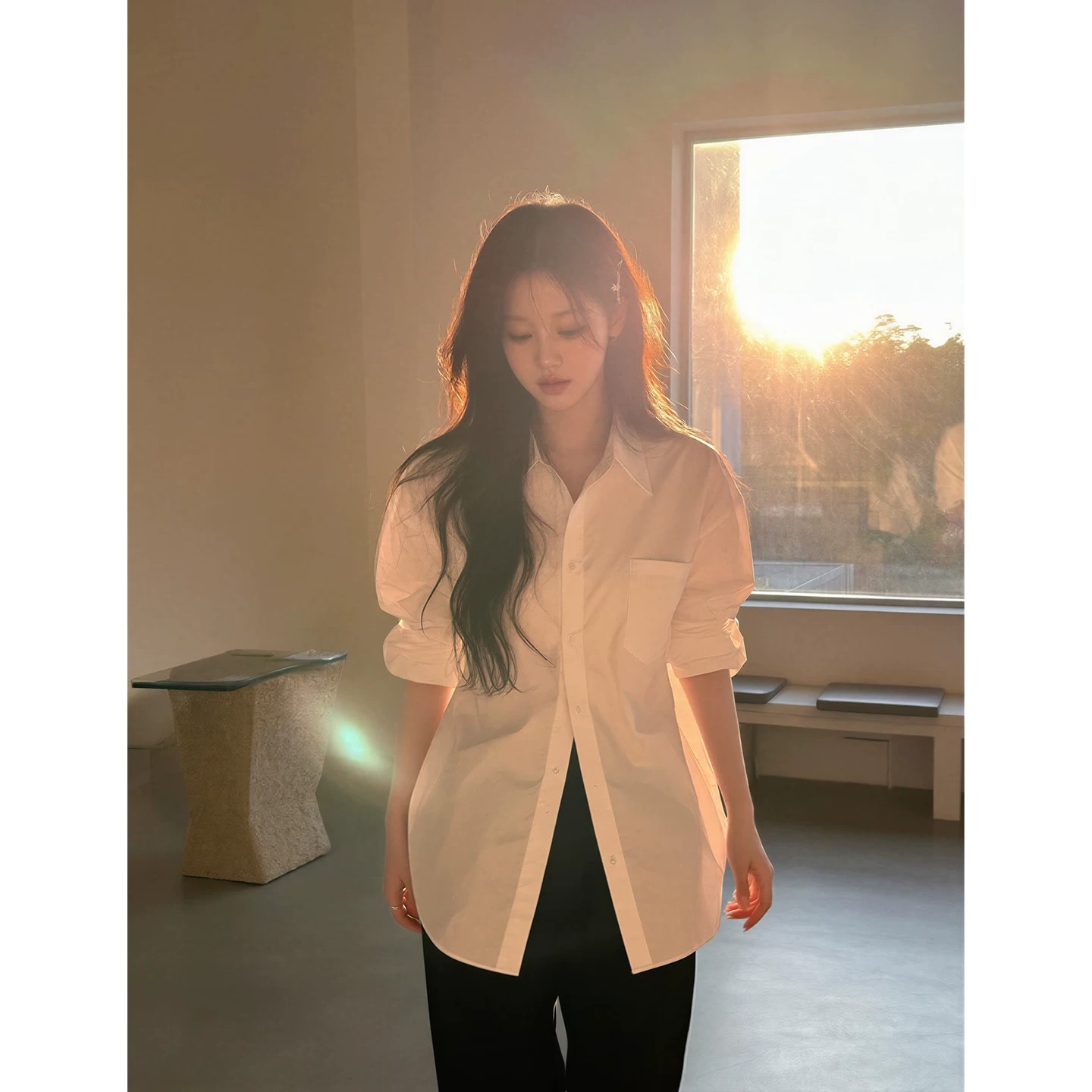 韩版白色长袖衬衫女宽松休闲风新款基础款职业衬衣秋百搭季上衣