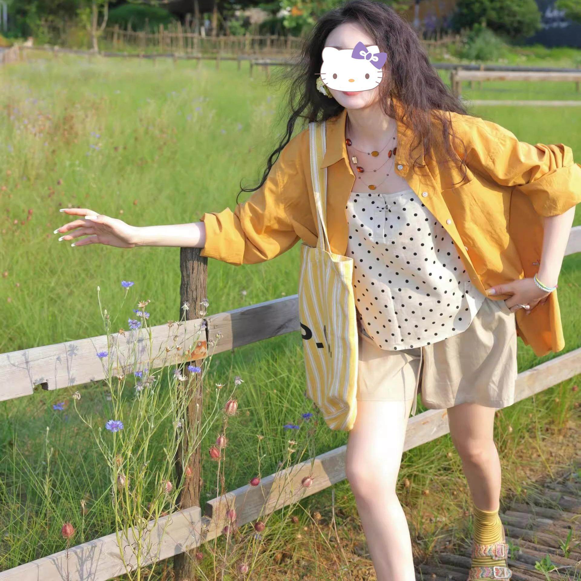 韩系chic显白橘色长袖衬衫女春夏宽松百搭通勤洋气休闲防晒衬衣