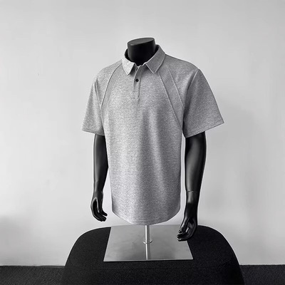 美式正肩polo衫短袖t恤男夏季拼接翻领衬衫重磅硬挺boxy版型上衣