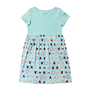 女士夏款短袖精梳纯棉拼接收腰动漫学生印花睡裙薄款