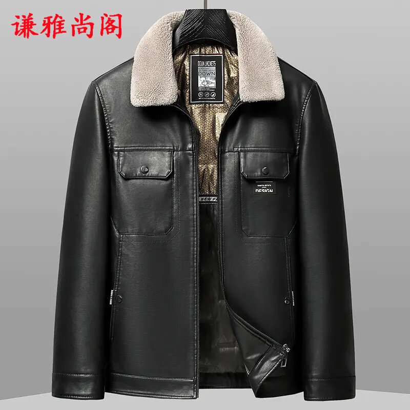 中年新款皮外套男保暖皮面羽绒服2025冬季可脱卸毛领爸爸装皮夹克
