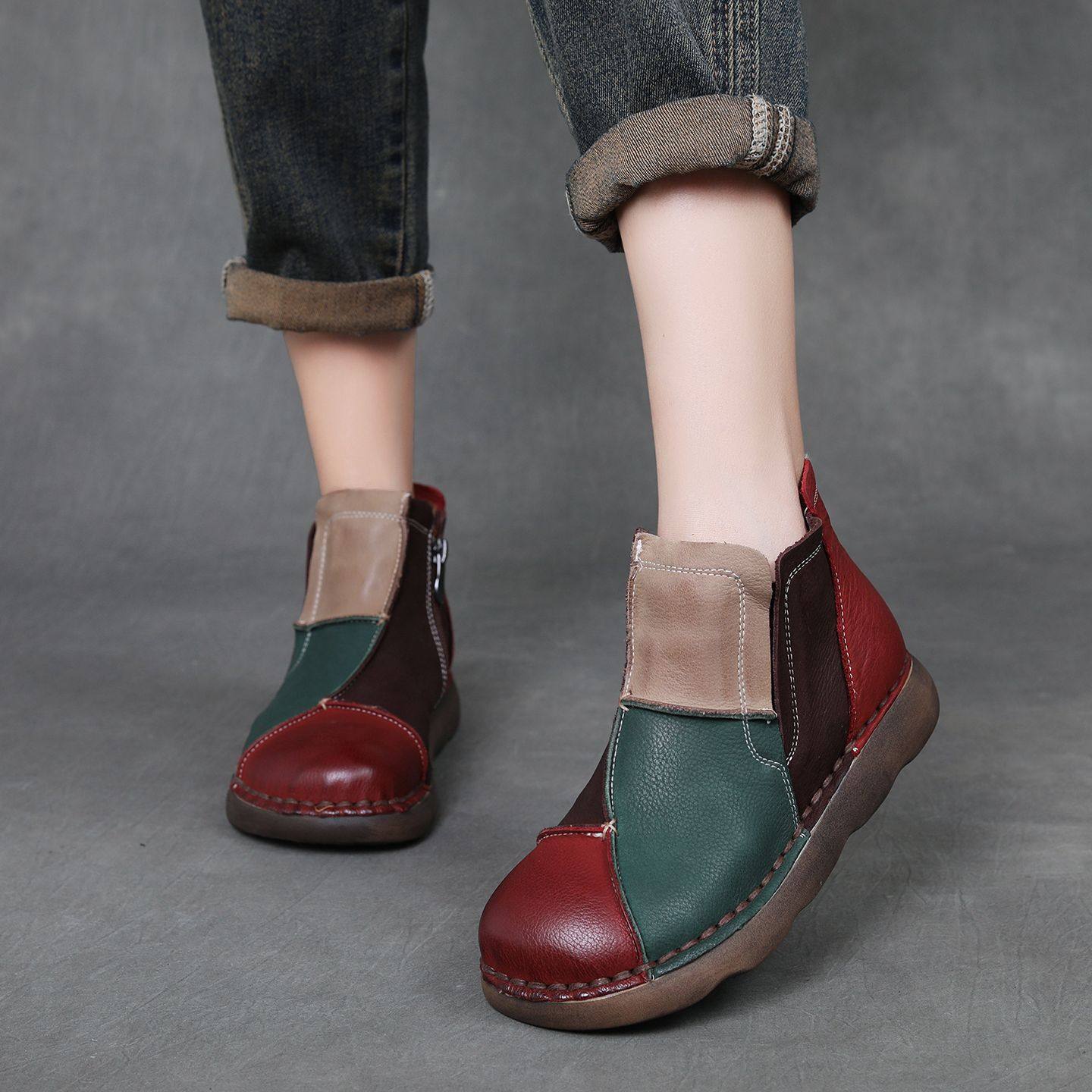 头层牛皮短靴女2025冬季新款复古百搭圆头平底拼色休闲女式单鞋,女鞋,时装靴,淘宝优惠券,粉丝福利购,淘宝优惠卷