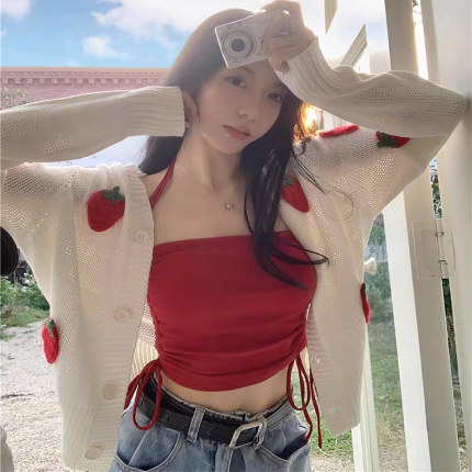 纯欲风甜辣妹性感小众短款挂脖美背小吊带背心女夏季内搭外穿上衣