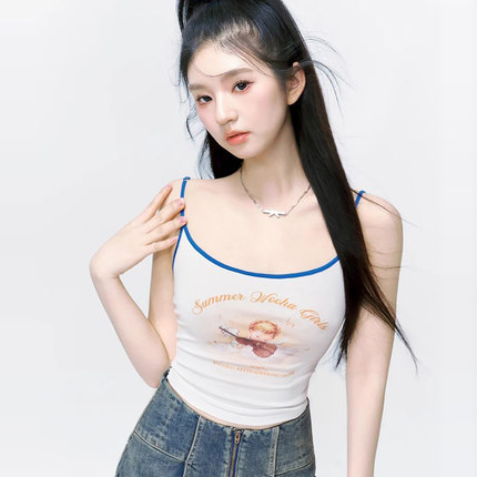 美式纯欲风甜辣妹夏季卡通印花吊带背心女小个子内搭外穿短款上衣