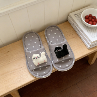 女 通用居家波点棉布拖鞋 可爱黑白小猫地板鞋 吸汗透气防滑网红四季
