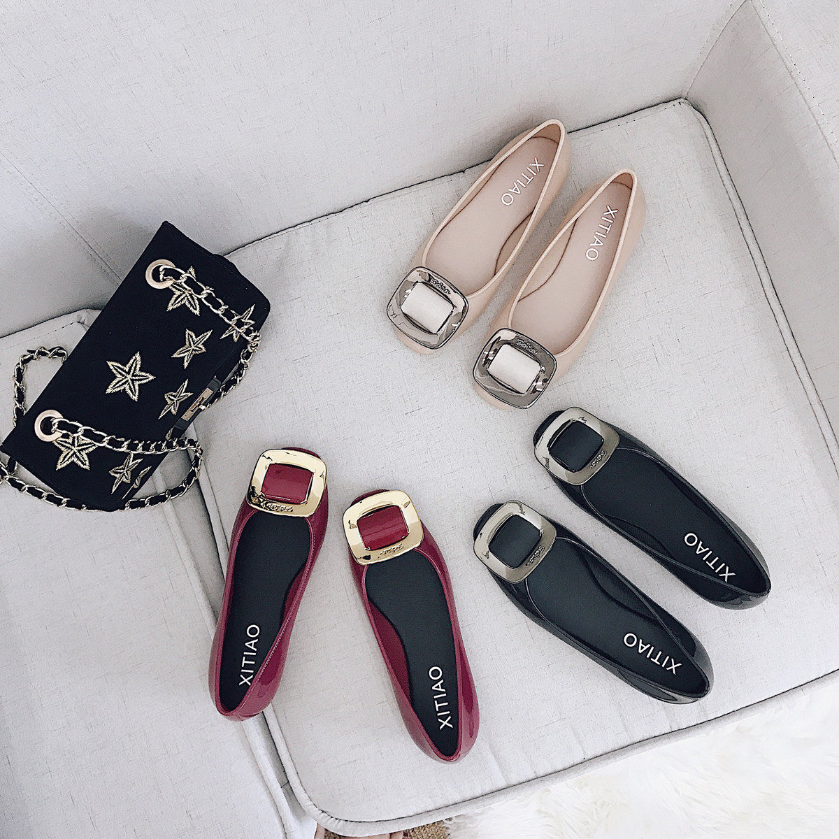 fashion new pattern Korean Edition Square buckle Women's shoes jelly Rainy season waterproof Soft glue non-slip leisure time work Shallow mouth Women's shoesin the Women's Shoes, Low shoes  category - from Buy2taobao.com to provide professional Taobao agent buy service