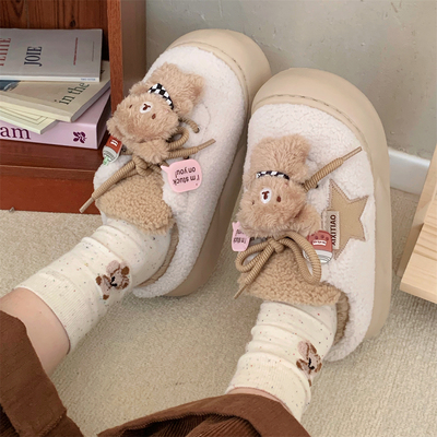 细细条围巾小熊棉拖鞋休闲外穿