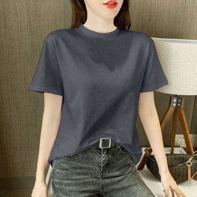 烟灰色宽松短袖T恤女2023夏季新款 纯棉半高领修身半袖韩版上衣潮