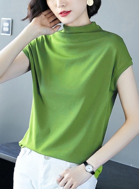 绿色T恤女半高领短袖打底衫2024春夏新款纯棉半袖宽松上衣外穿潮