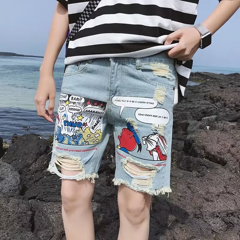 夏季薄款破洞牛仔短裤男宽松直筒五分裤男生韩版潮流百搭印花裤子