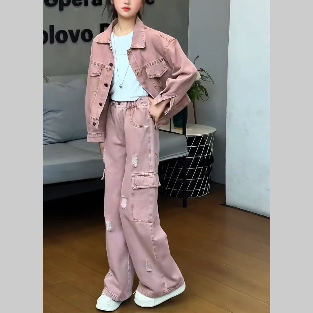 女童牛仔套装秋季新款潮酷时髦牛仔外套破洞韩系工装牛仔裤两件套