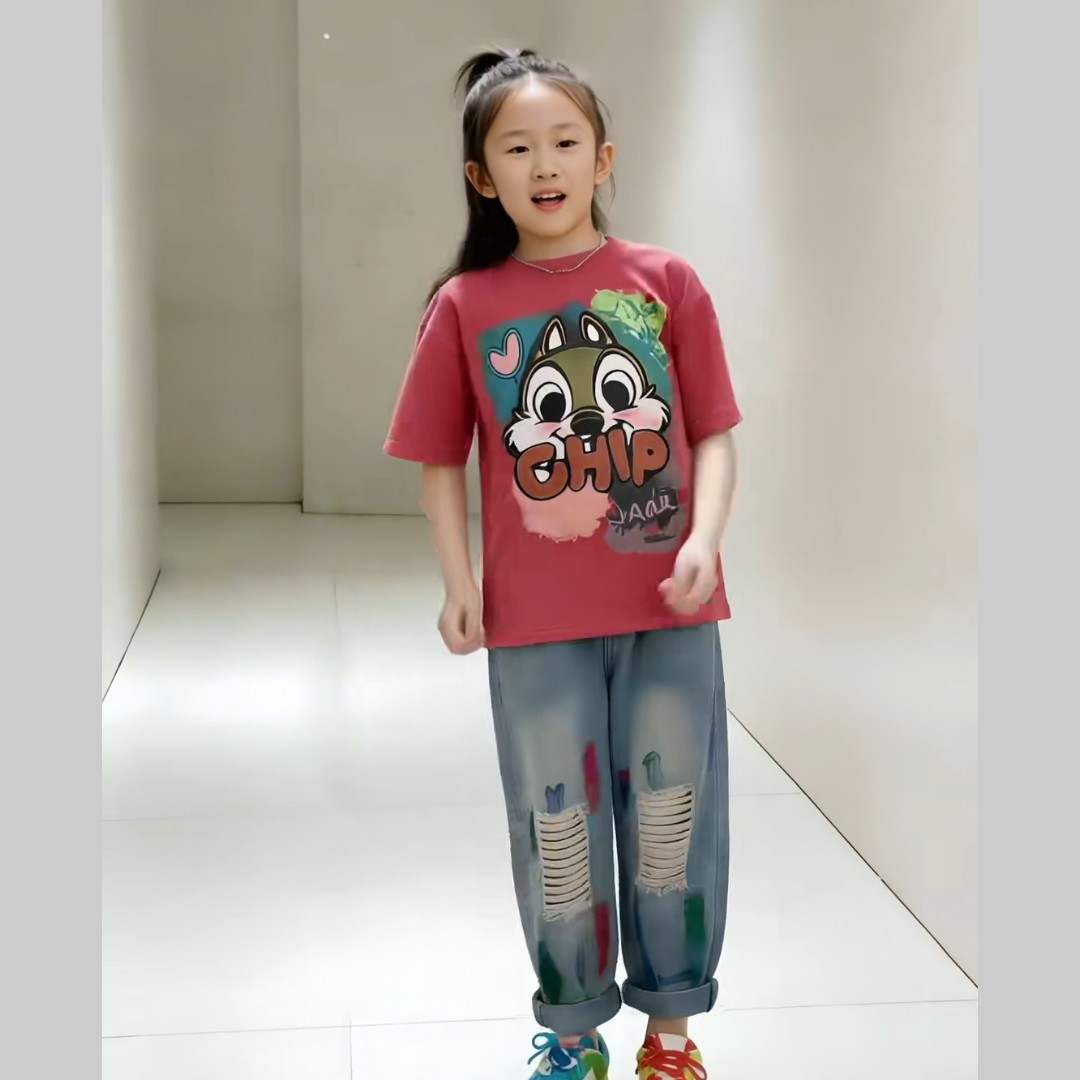 女童春夏季套装2026新款女大童洋气时髦短袖T恤炸街牛仔裤两件潮