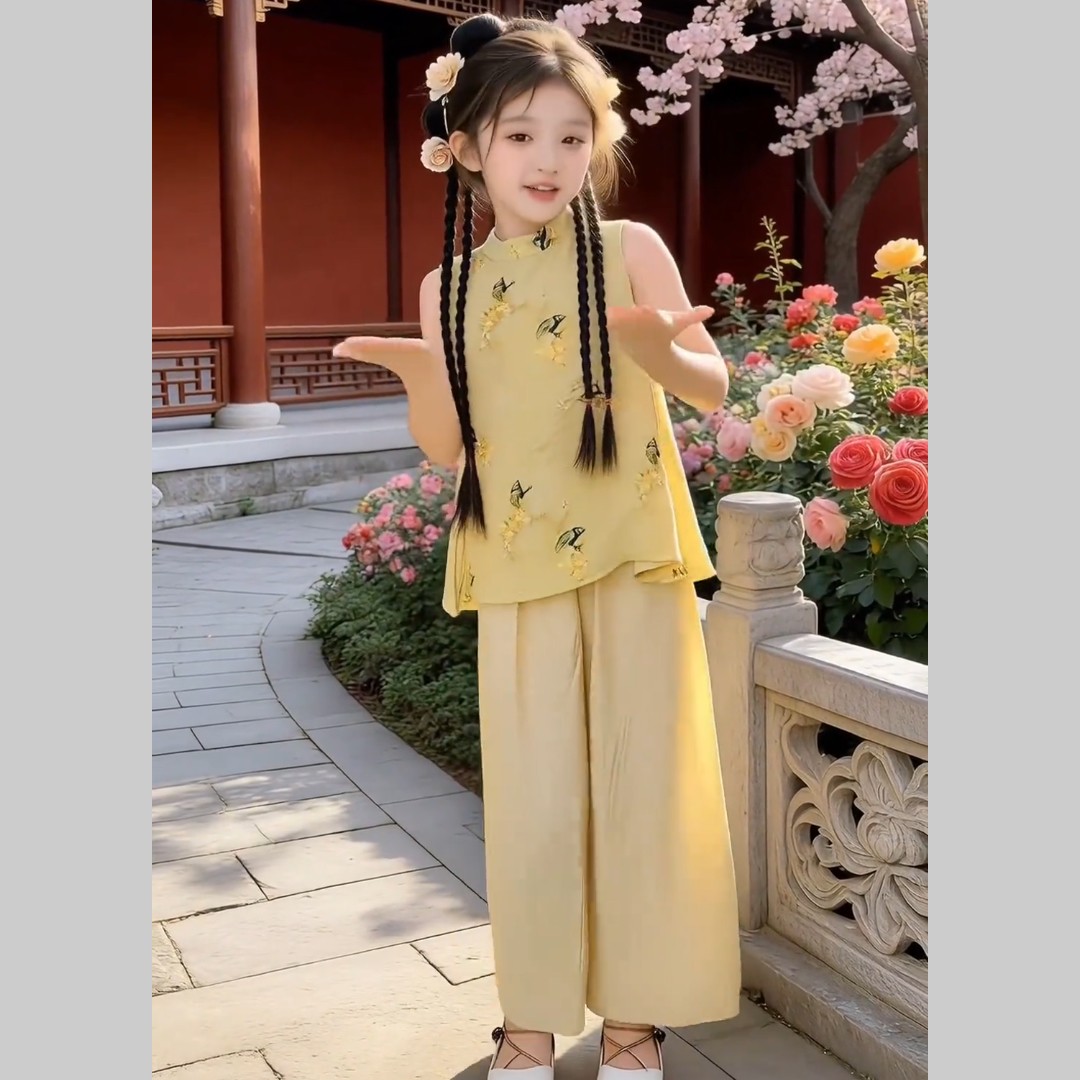 新中式国风超好看印花上衣阔腿裤套装两件套女童夏季高级感气质