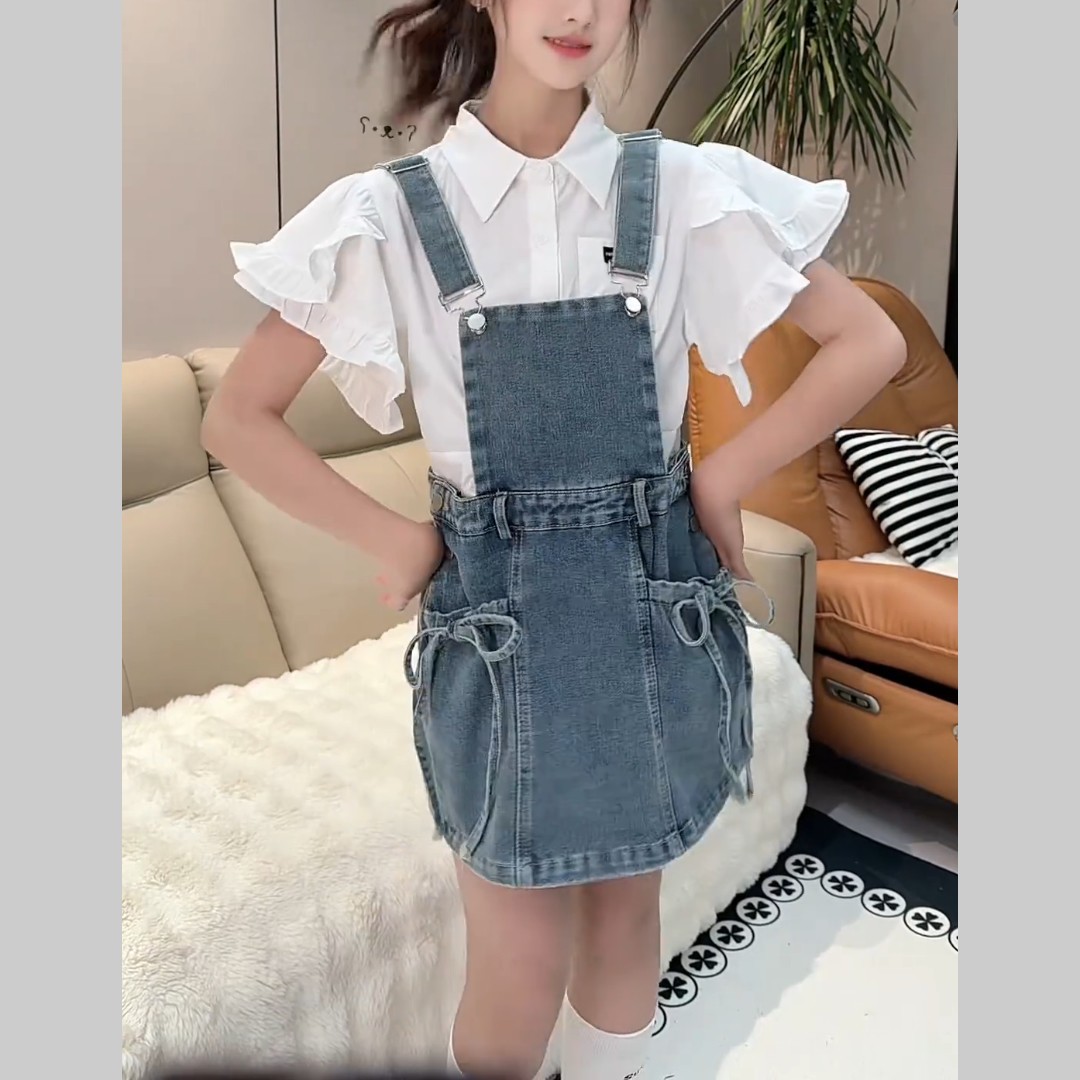 韩系2026甜美风女童夏季新款学院风衬衫牛仔背带裙两件套潮收腰
