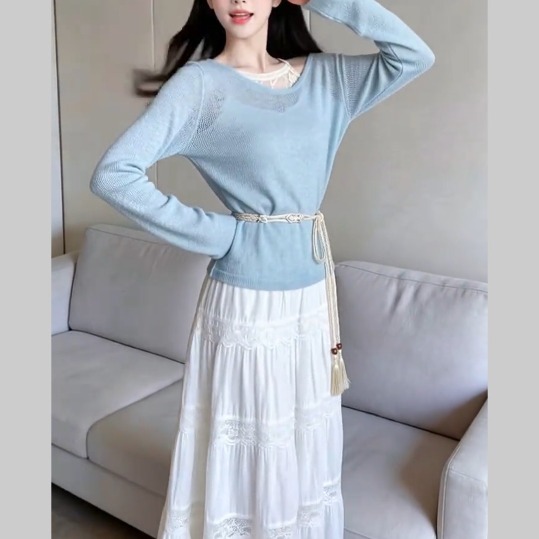 旅游度假风长袖罩衫假两件镂空T恤+显瘦气质花边蛋糕裙半身裙套装