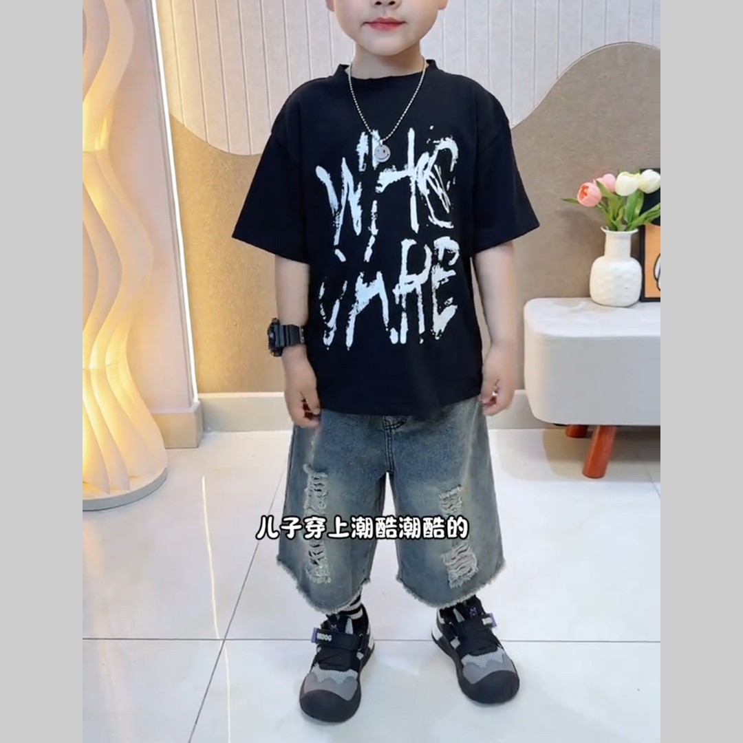 男童2026夏季新款韩版时尚短袖套装宝宝洋气上衣破洞牛仔短裤炸街
