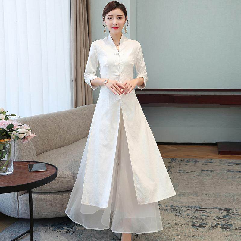 连衣裙七分春夏复古风禅意女款提花棉麻禅舞服改良文艺茶服袖中国