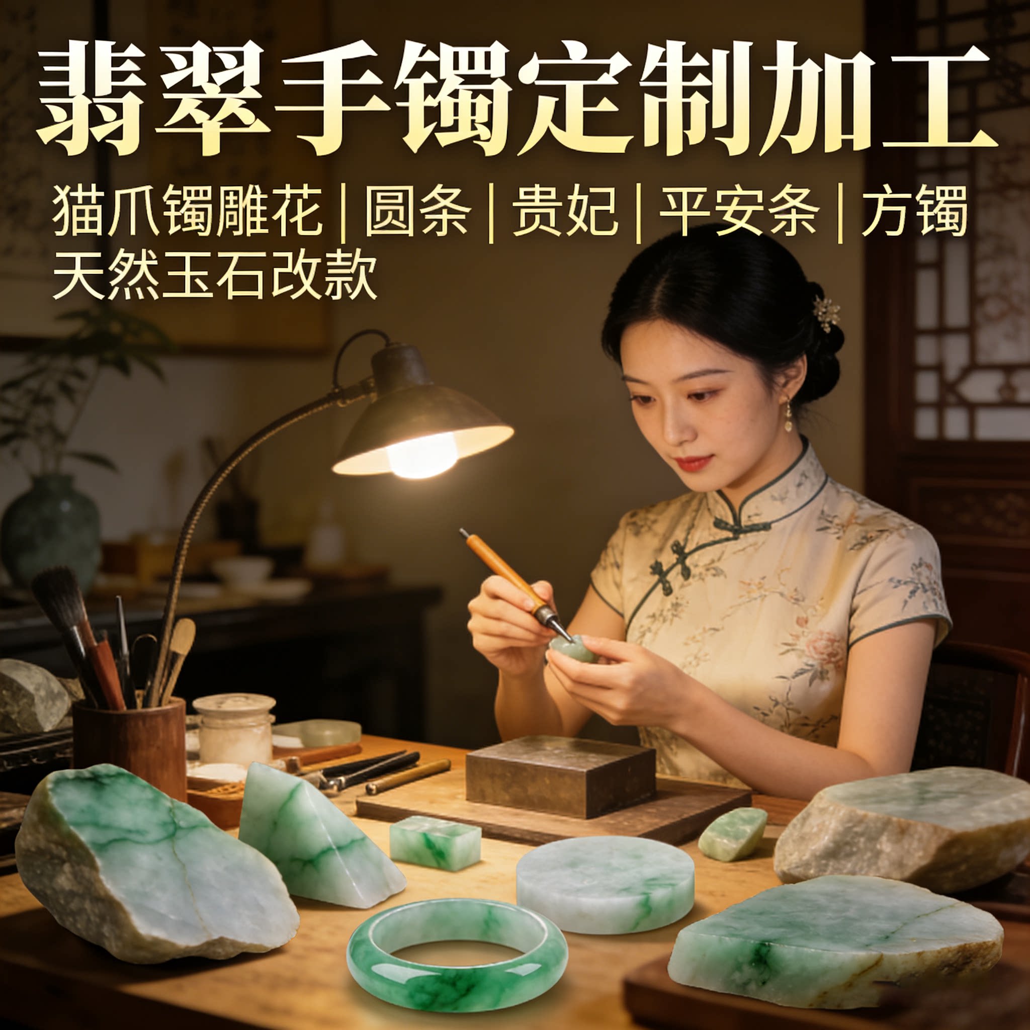 各类玉石手镯雕刻加工 翡翠猫爪镯定制 圆条贵妃平安条改款抛光