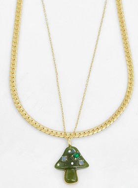 扁链绿色蘑菇吊坠双层项链