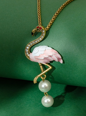 中古风渐变粉火烈鸟珍珠流苏项链