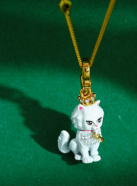 立体皇冠镶钻白色小猫咪吊坠项链