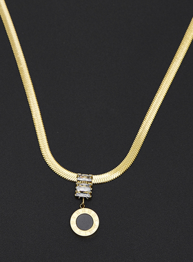 钛钢黑色圆牌钛钢锁骨项链