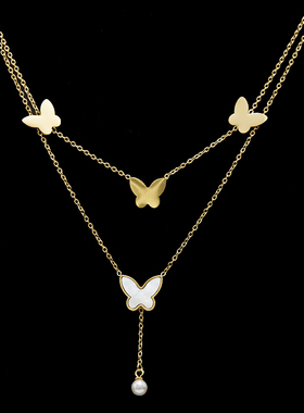 钛钢光面蝴蝶贝壳双层项链