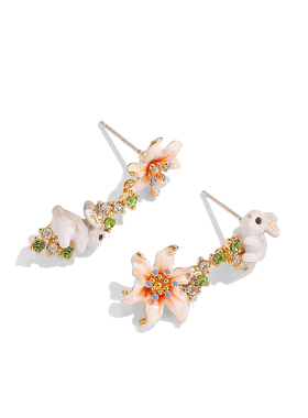 原创时尚珐琅釉镶钻渐变粉色花朵灰色兔子不对称耳环925银针耳钉