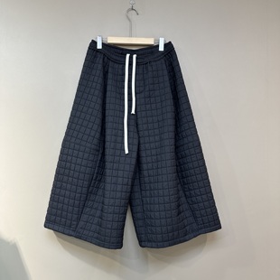 宽松百搭纯色棉裤 冬季 夹棉松紧腰八分裤 日系小方格阔腿裙裤