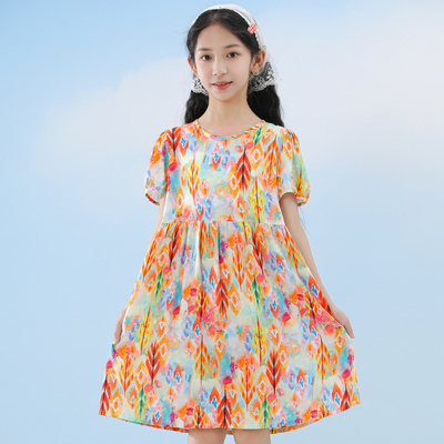 儿童绵绸连衣裙夏季人棉泡泡袖裙