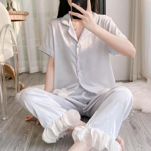 套装 2025年冰丝睡衣女夏季 长裤 薄款 高级感可外穿家居服 花边短袖