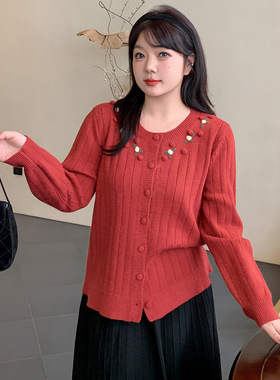 大码设计感立体花朵上衣女毛衣2025冬胖mm休闲针织开衫外套22528