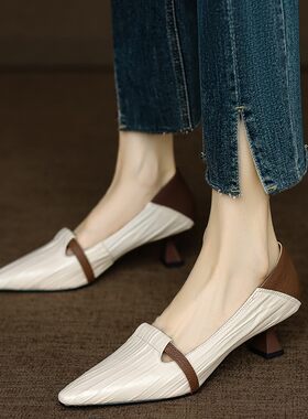 气质尖头单鞋拼色一脚蹬女鞋子浅口复古猫跟高跟鞋时装鞋春秋夏季