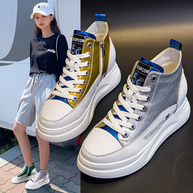 高帮小白鞋女2025春秋新款透气内增高侧拉链韩版百搭时尚休闲板鞋