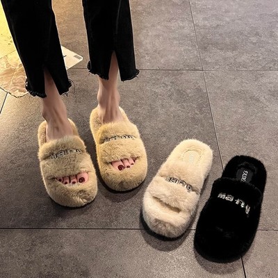 网红高级感百搭毛毛拖鞋女2024年秋冬季新款外穿厚底增高一字棉拖
