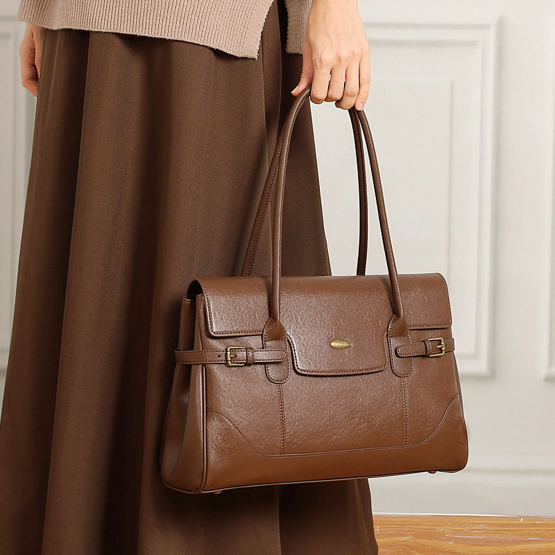 简约头层牛皮真皮大容量包2025通勤复古手提包时尚单肩腋下托特包,箱包皮具/热销女包/男包,单肩包,淘宝优惠券,粉丝福利购,淘宝优惠卷