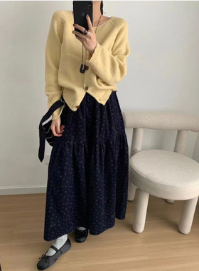 秋上新2025年灯芯绒碎花半身裙高腰长款设计感小众长裙