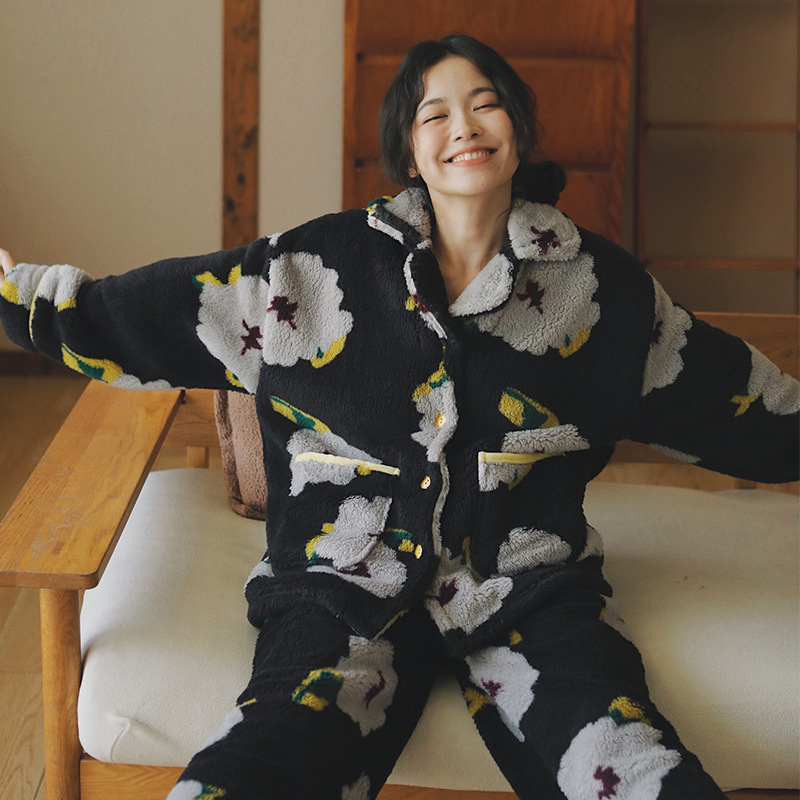 繁花75-女士睡衣秋冬法兰绒加厚套装加绒珊瑚绒保暖家居服女冬季