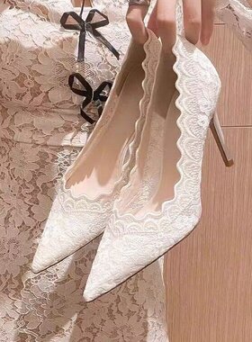 白色高跟鞋婚鞋女2025年春季新款尖头细跟刺绣蕾丝秀禾婚纱新娘鞋