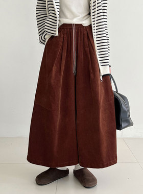 鹿西 复古灯芯绒弯刀阔腿裤女秋冬气质休闲显瘦抽绳九分裤子1753