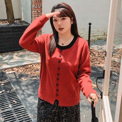 大码女装圆领套头上衣女红色毛衣2025冬胖mm休闲百搭针织衫22518