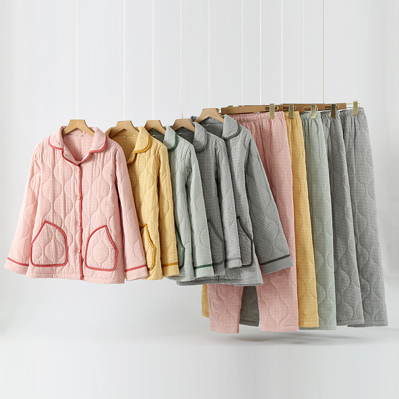 秋冬新款日系简约格子双层纱布夹棉男女情侣睡衣家居加厚棉袄套装