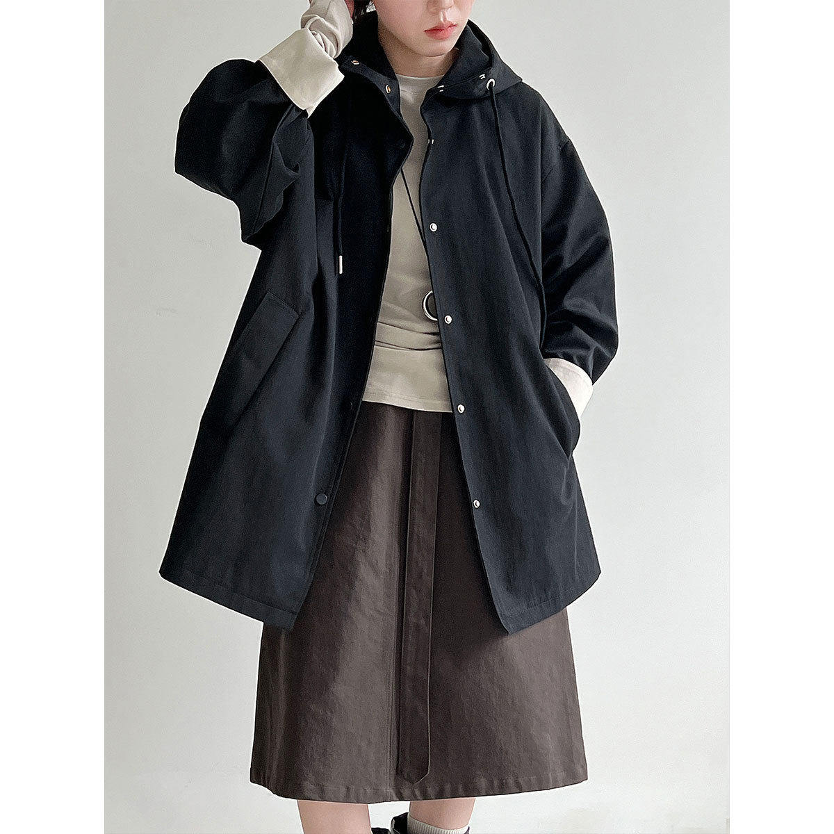 鹿西 韩系简约撞色拼接袖口休闲秋季新款连帽宽松风衣外套女9786