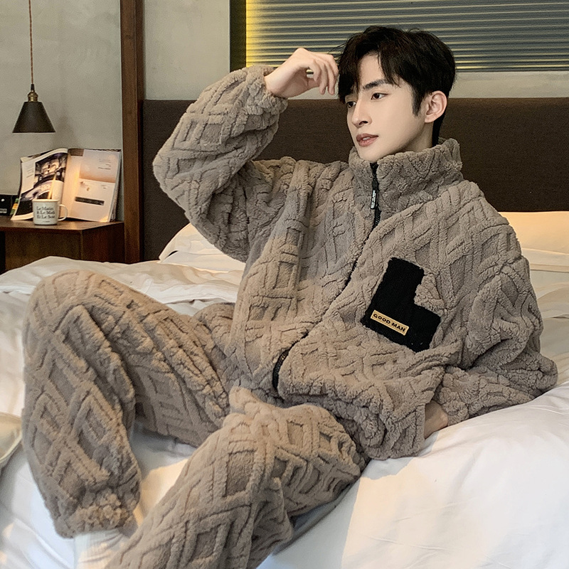 睡衣男士冬季珊瑚绒加厚加绒款休闲大码法兰绒保暖拉链家居服套装