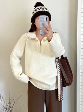 大码女装翻领半开胸毛衣女上衣2025冬款胖mm宽松百搭针织衫23302