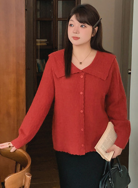 大码女装气质娃娃领长袖上衣外套2025冬款胖mm宽松针织衫女22712