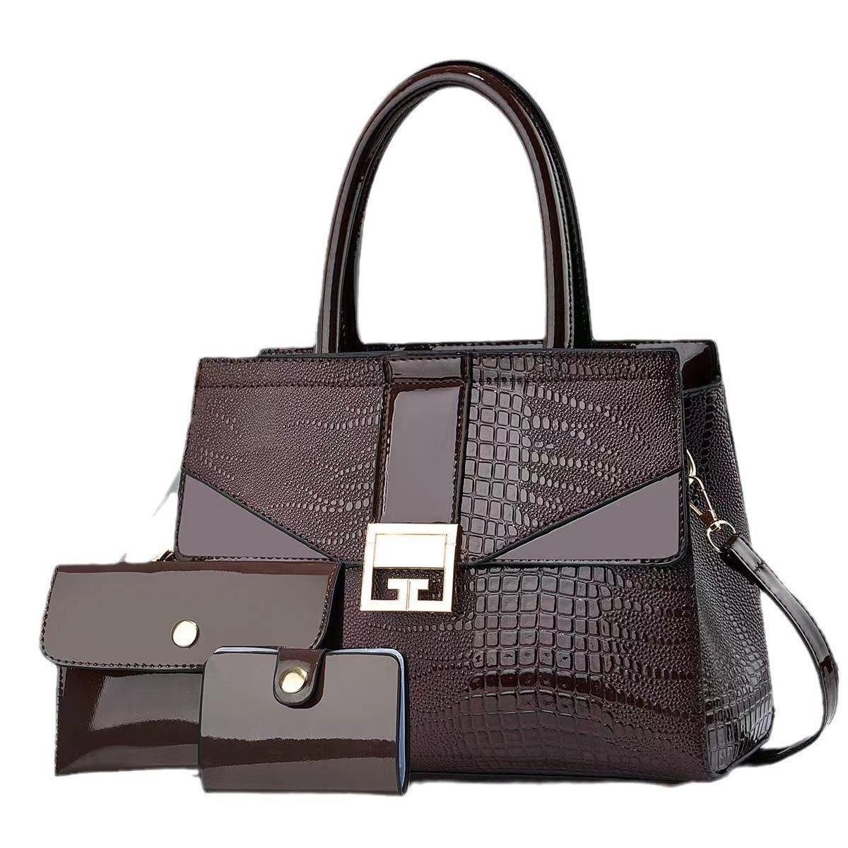 新款2024跨境欧美潮流大容量单肩斜挎手提包压花款亮皮三件套女包,箱包皮具/热销女包/男包,单肩包,淘宝优惠券,粉丝福利购,淘宝优惠卷