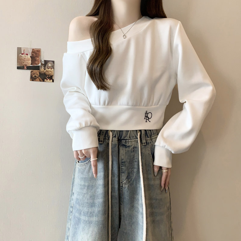 欧美风短款小个子收腰下摆卫衣女秋季宽松百搭斜领露肩长袖上衣